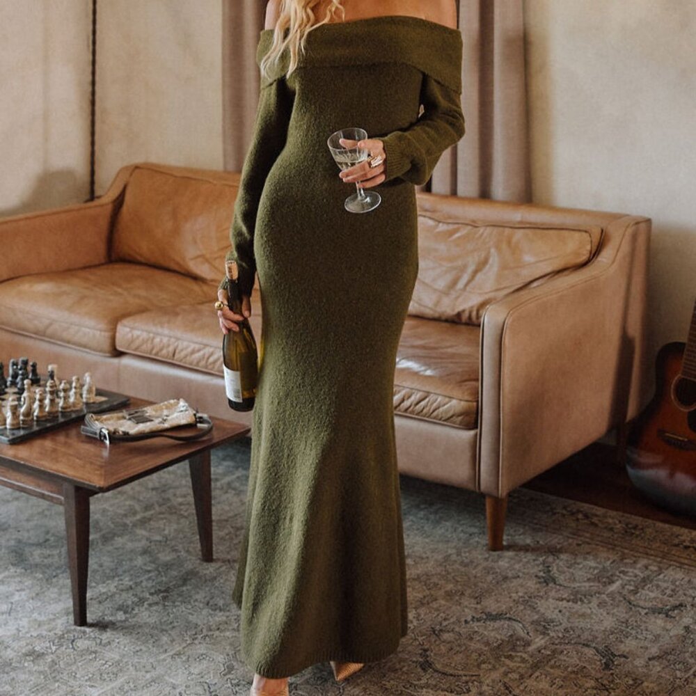 12th Tribe Simone Dark Olive Sweater Maxi Dress Size LL